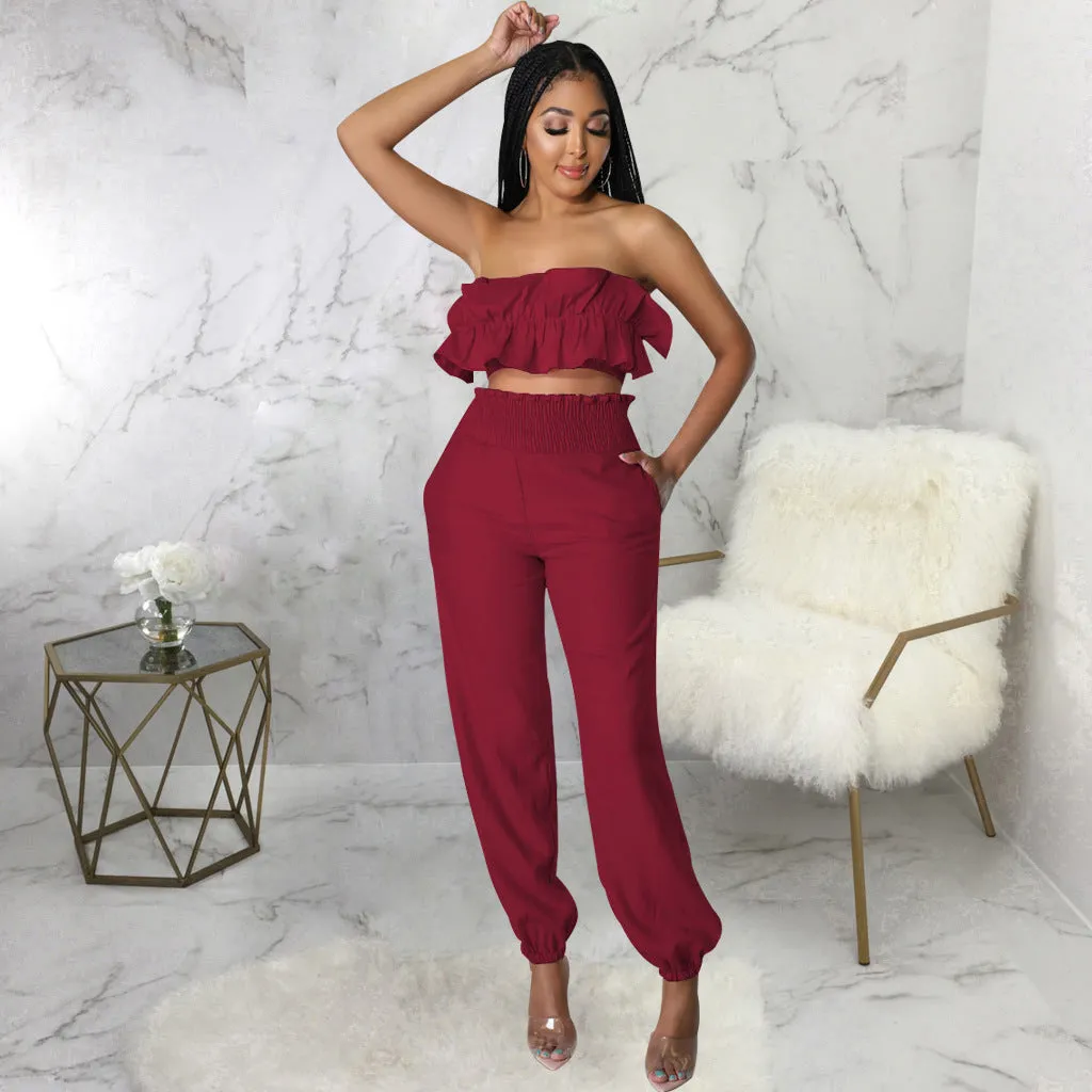Chic Strapless Ruffle Crop Top and Elastic High-Waist Pants Set