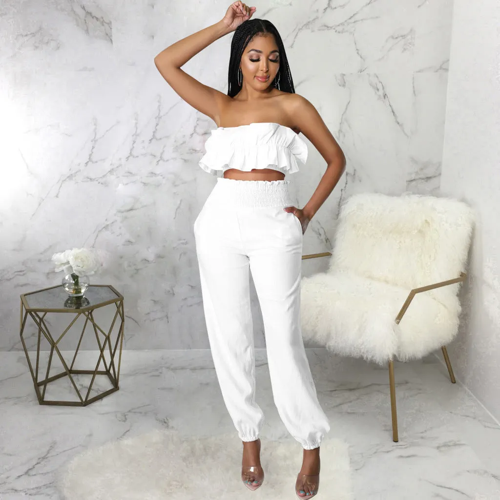 Chic Strapless Ruffle Crop Top and Elastic High-Waist Pants Set