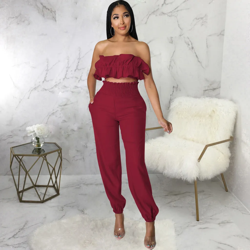 Chic Strapless Ruffle Crop Top and Elastic High-Waist Pants Set