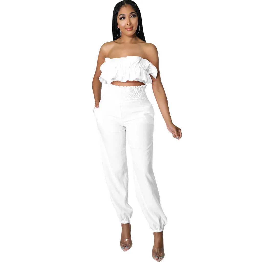 Chic Strapless Ruffle Crop Top and Elastic High-Waist Pants Set