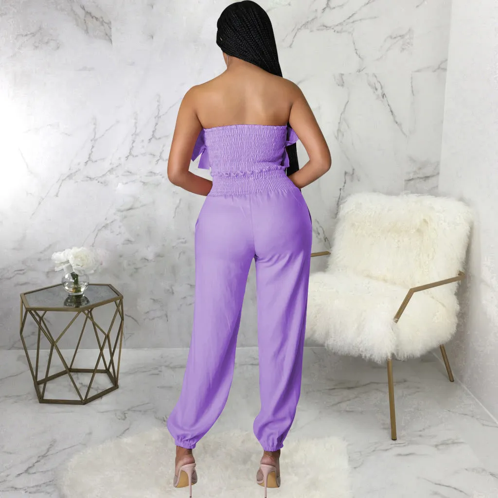 Chic Strapless Ruffle Crop Top and Elastic High-Waist Pants Set