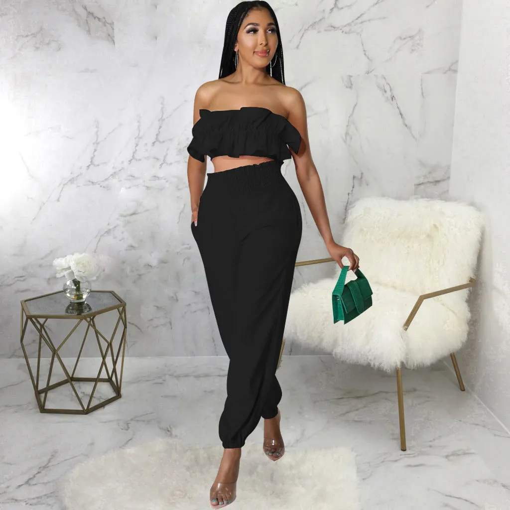 Chic Strapless Ruffle Crop Top and Elastic High-Waist Pants Set