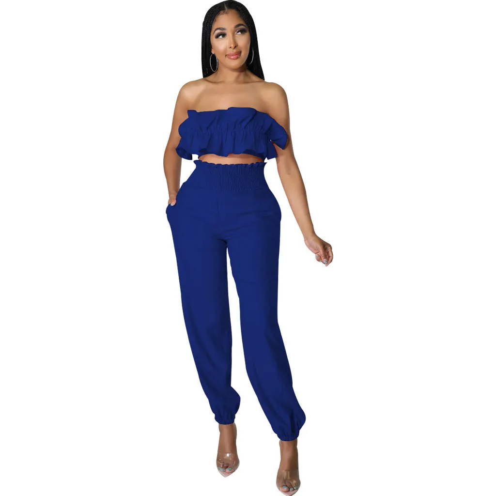 Chic Strapless Ruffle Crop Top and Elastic High-Waist Pants Set