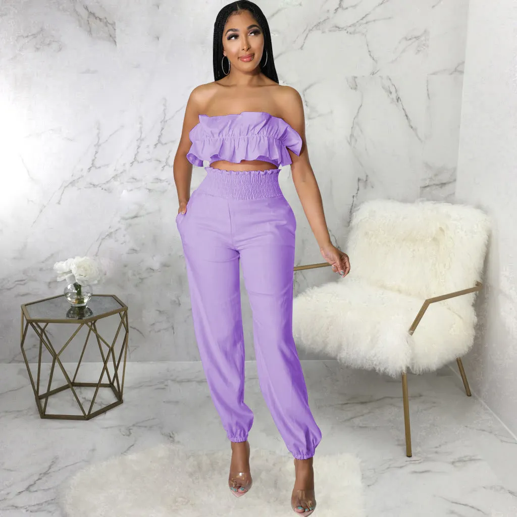 Chic Strapless Ruffle Crop Top and Elastic High-Waist Pants Set