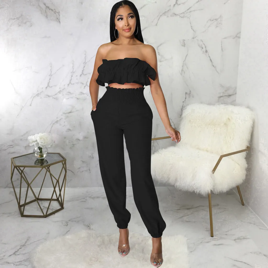 Chic Strapless Ruffle Crop Top and Elastic High-Waist Pants Set