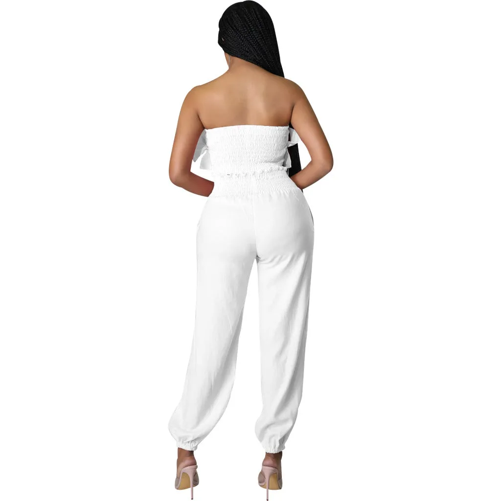 Chic Strapless Ruffle Crop Top and Elastic High-Waist Pants Set