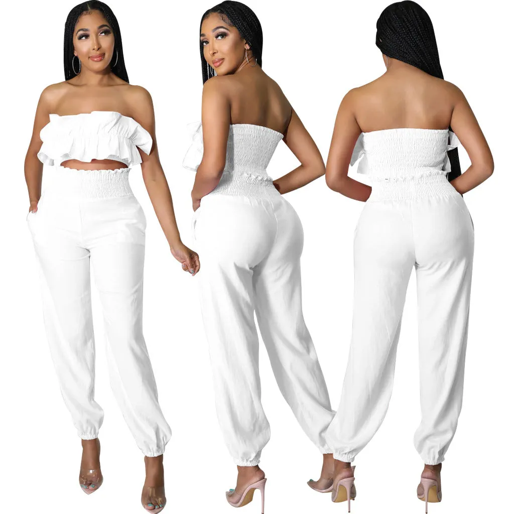 Chic Strapless Ruffle Crop Top and Elastic High-Waist Pants Set