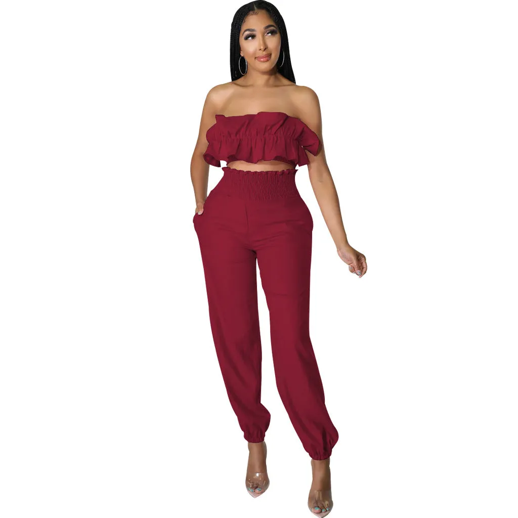 Chic Strapless Ruffle Crop Top and Elastic High-Waist Pants Set