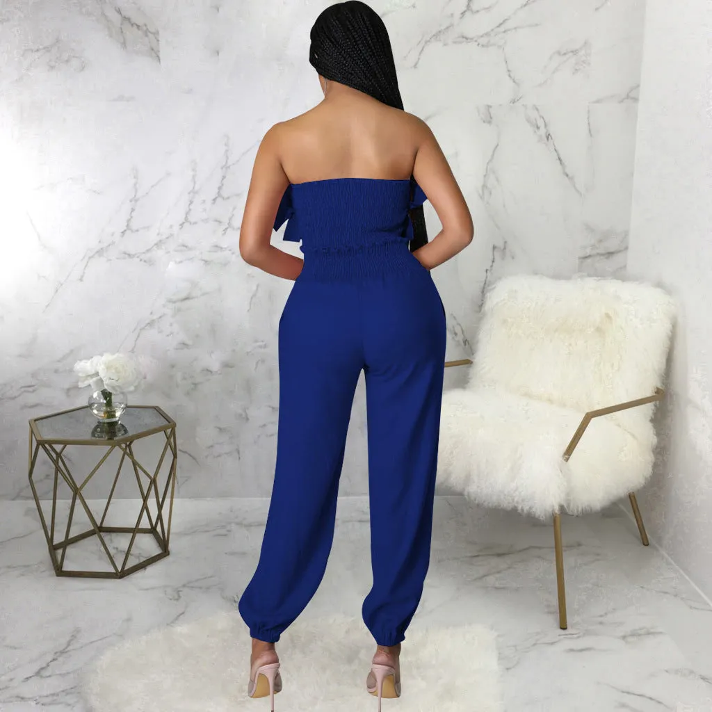 Chic Strapless Ruffle Crop Top and Elastic High-Waist Pants Set