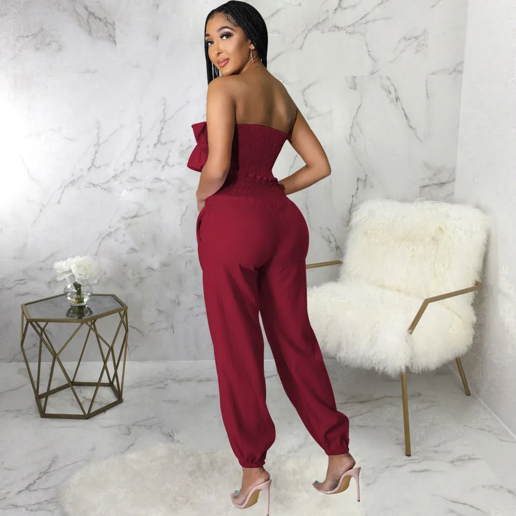 Chic Strapless Ruffle Crop Top and Elastic High-Waist Pants Set