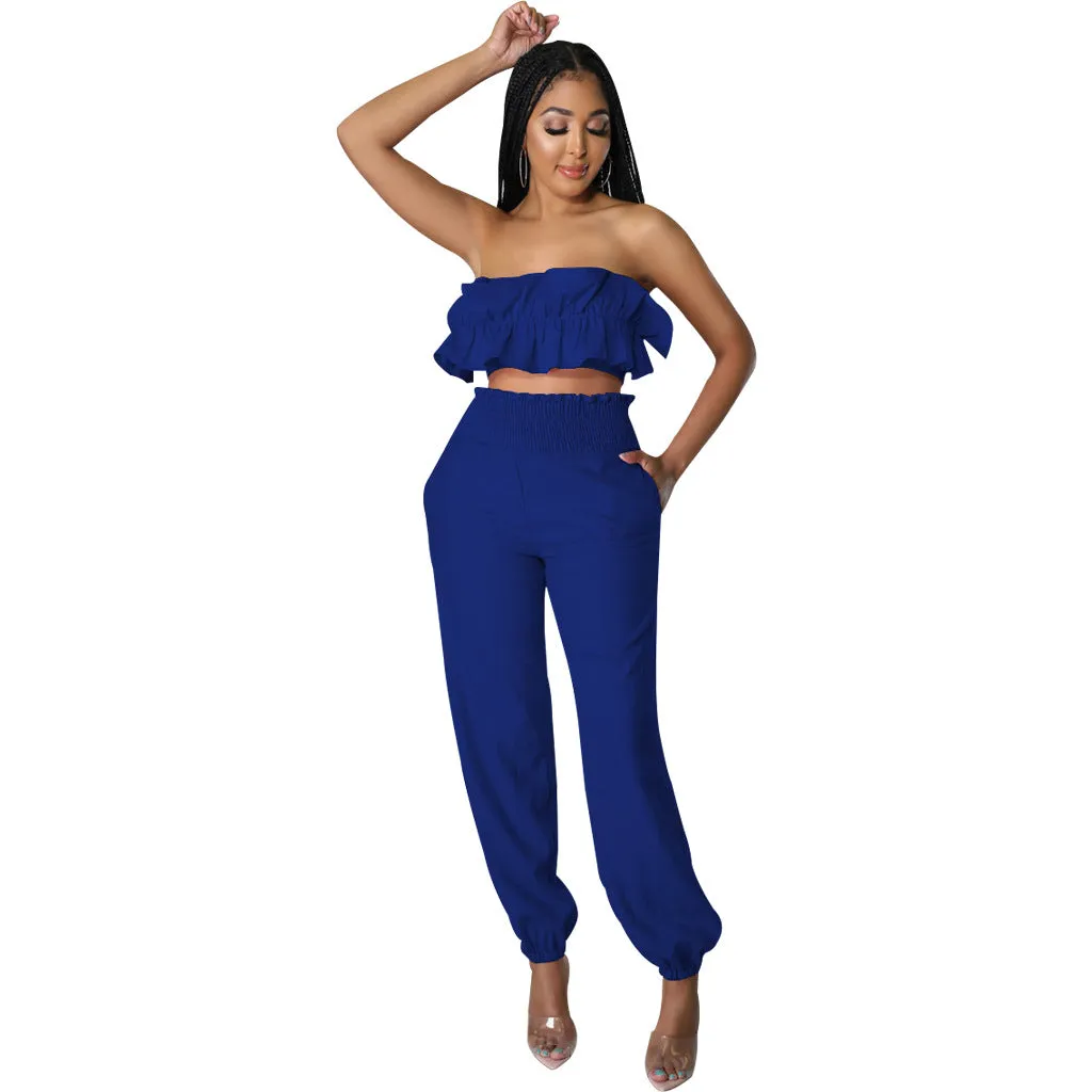 Chic Strapless Ruffle Crop Top and Elastic High-Waist Pants Set