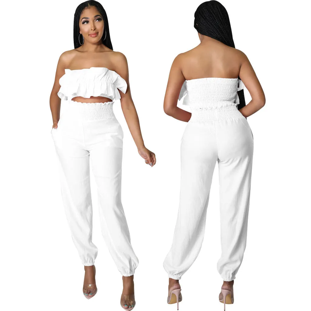 Chic Strapless Ruffle Crop Top and Elastic High-Waist Pants Set
