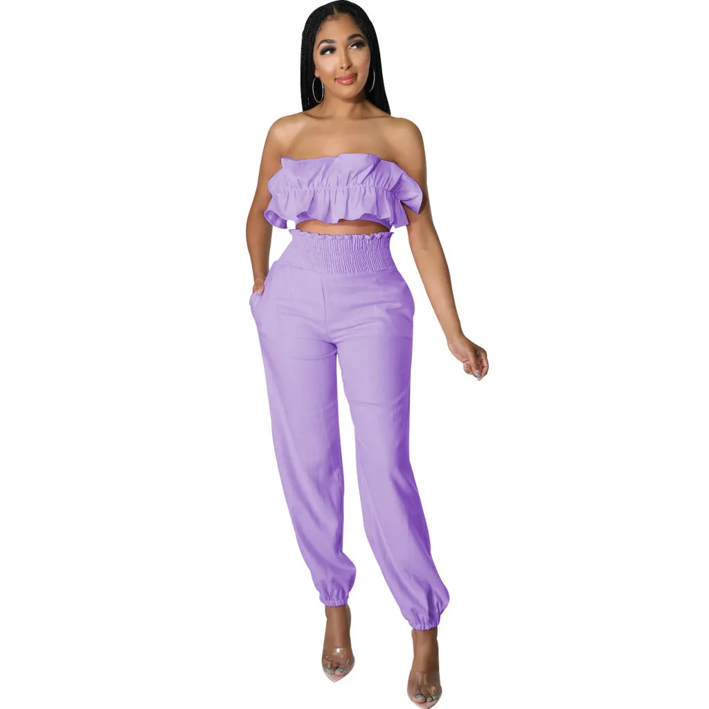 Chic Strapless Ruffle Crop Top and Elastic High-Waist Pants Set