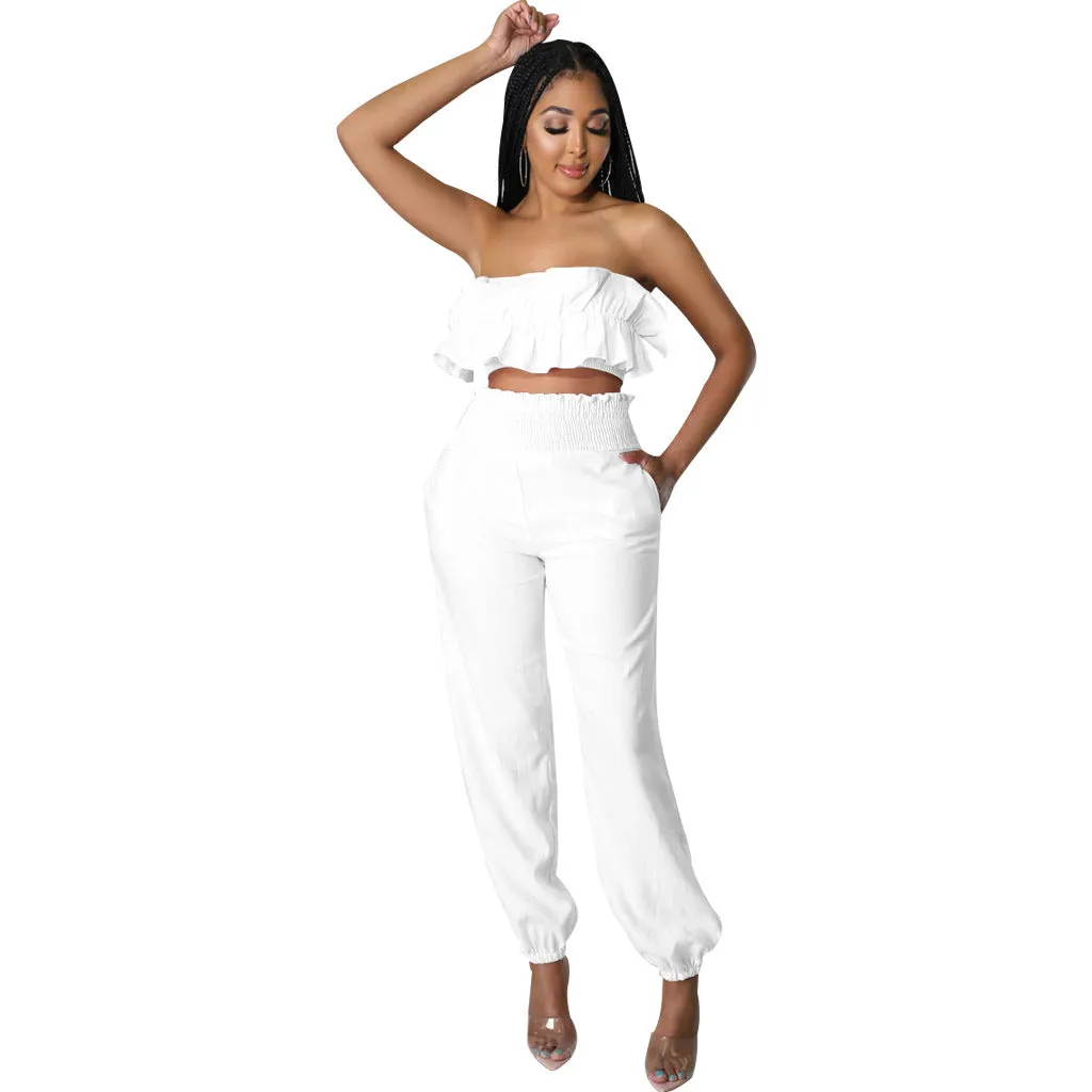 Chic Strapless Ruffle Crop Top and Elastic High-Waist Pants Set