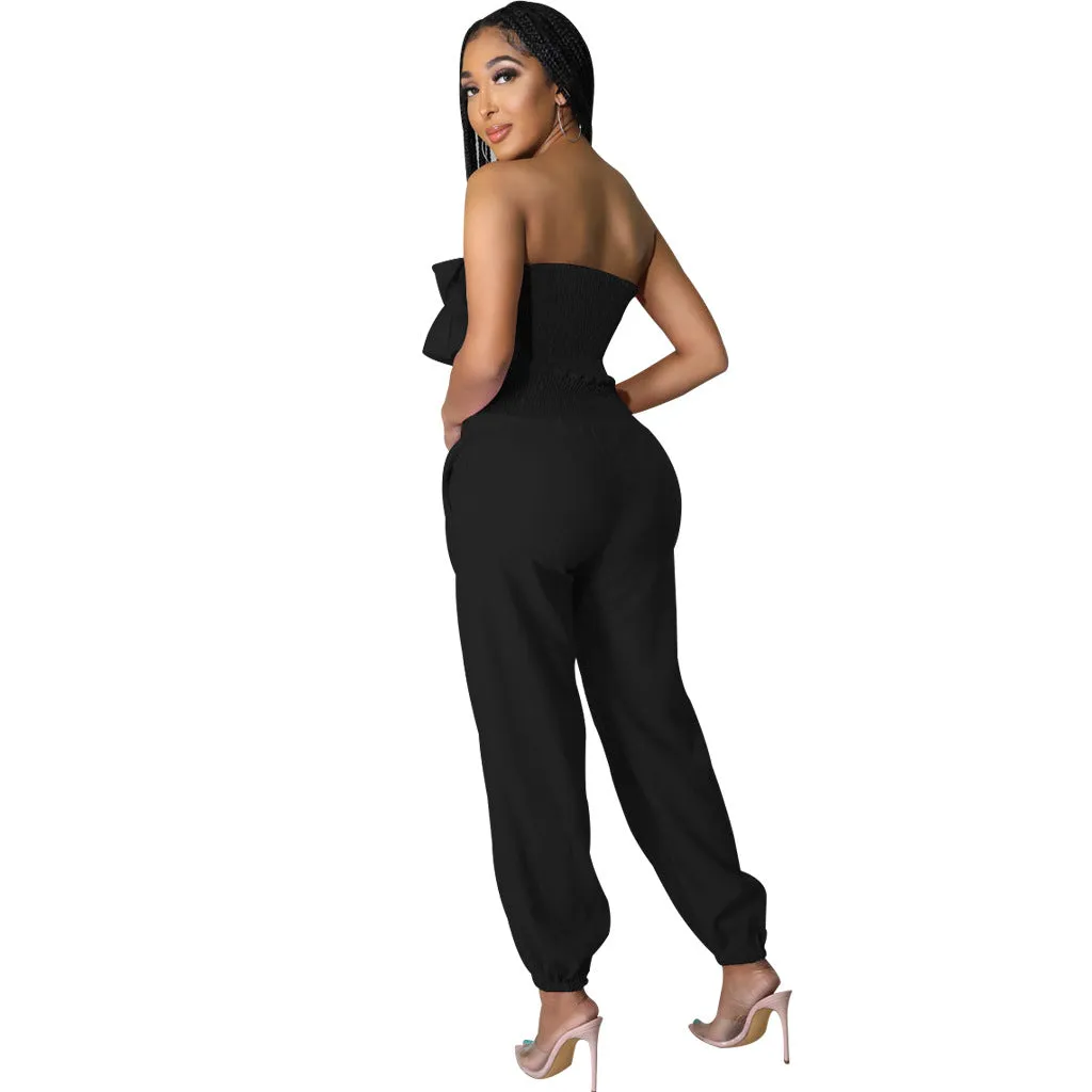 Chic Strapless Ruffle Crop Top and Elastic High-Waist Pants Set