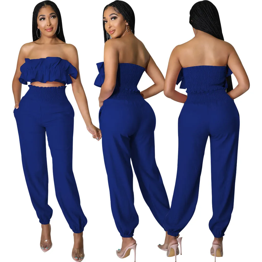 Chic Strapless Ruffle Crop Top and Elastic High-Waist Pants Set