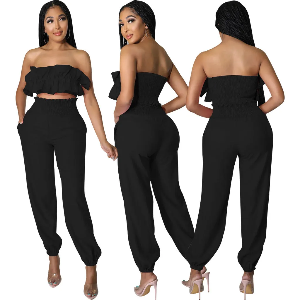 Chic Strapless Ruffle Crop Top and Elastic High-Waist Pants Set