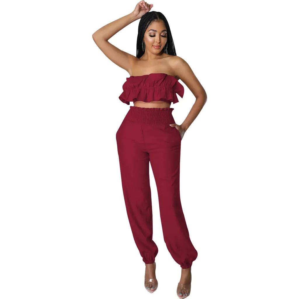 Chic Strapless Ruffle Crop Top and Elastic High-Waist Pants Set