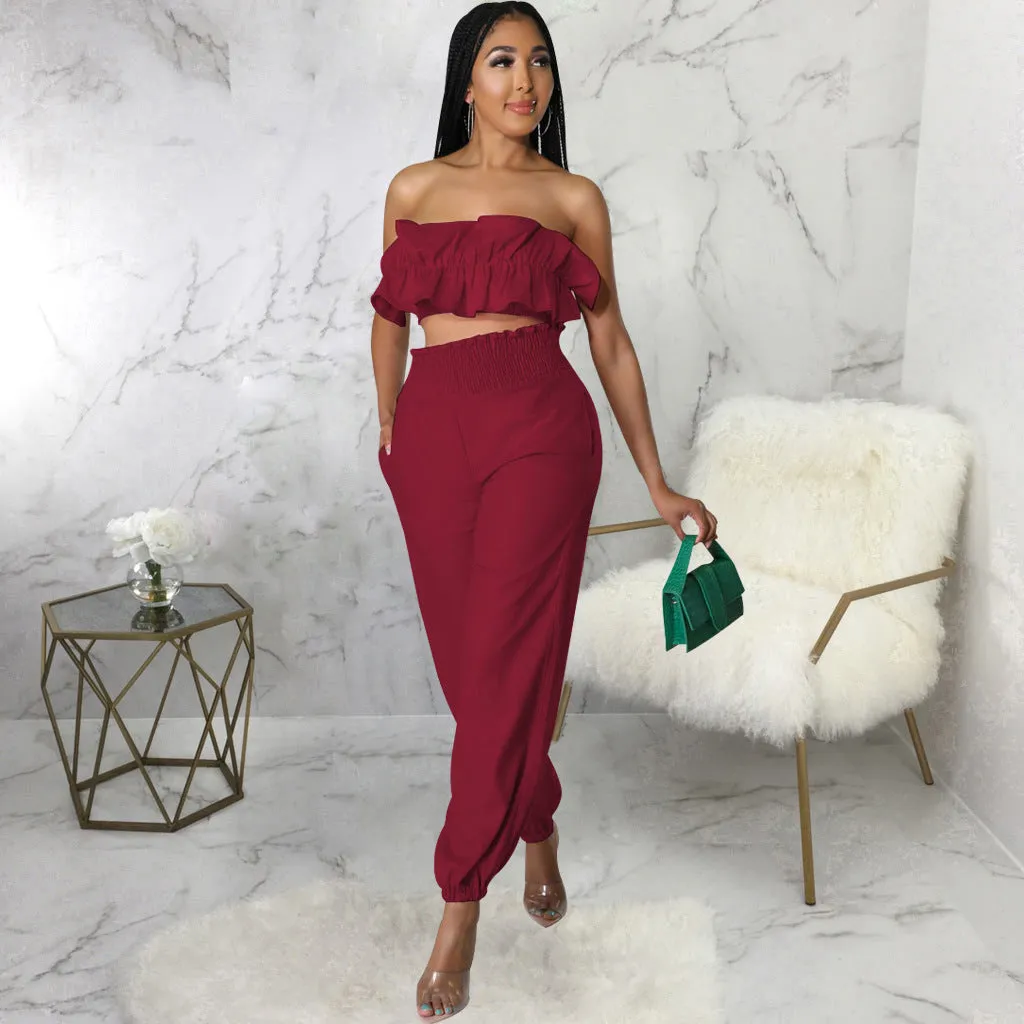 Chic Strapless Ruffle Crop Top and Elastic High-Waist Pants Set