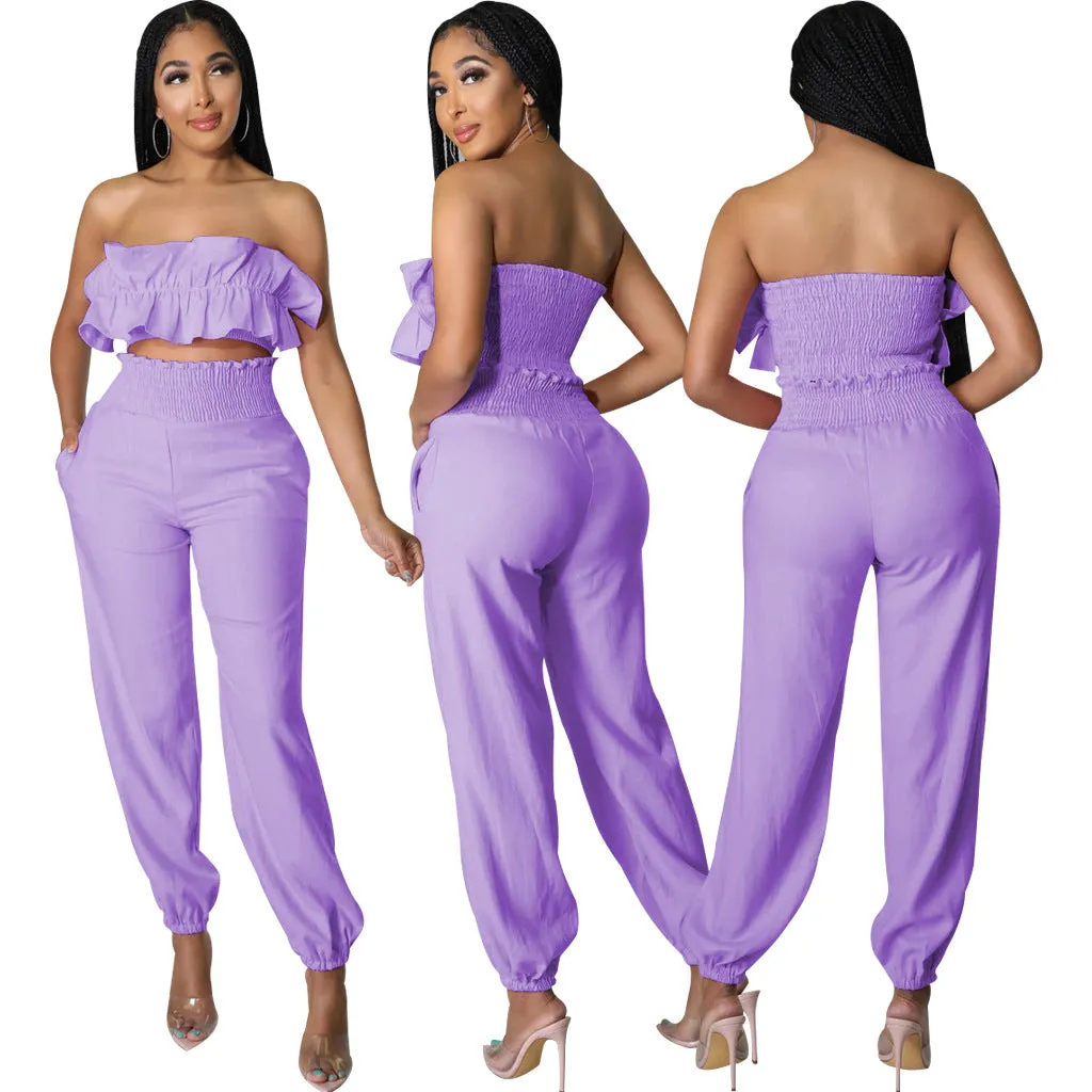 Chic Strapless Ruffle Crop Top and Elastic High-Waist Pants Set