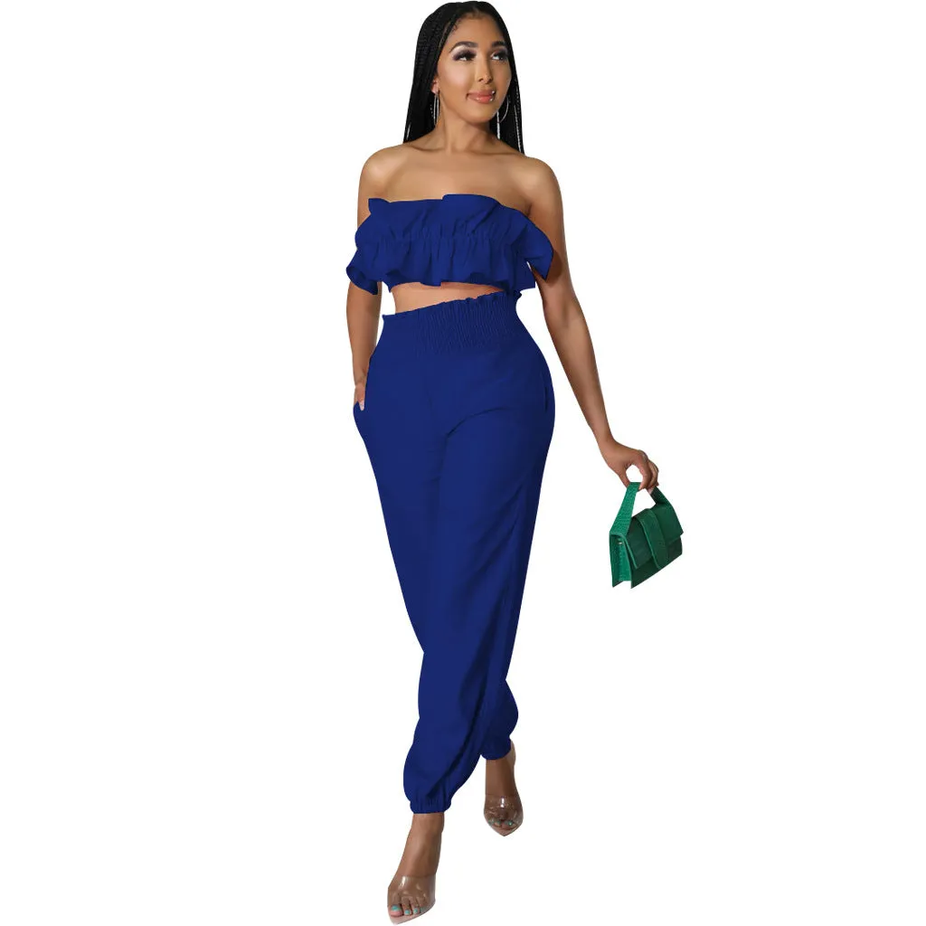 Chic Strapless Ruffle Crop Top and Elastic High-Waist Pants Set