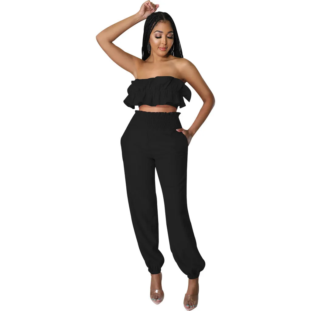 Chic Strapless Ruffle Crop Top and Elastic High-Waist Pants Set