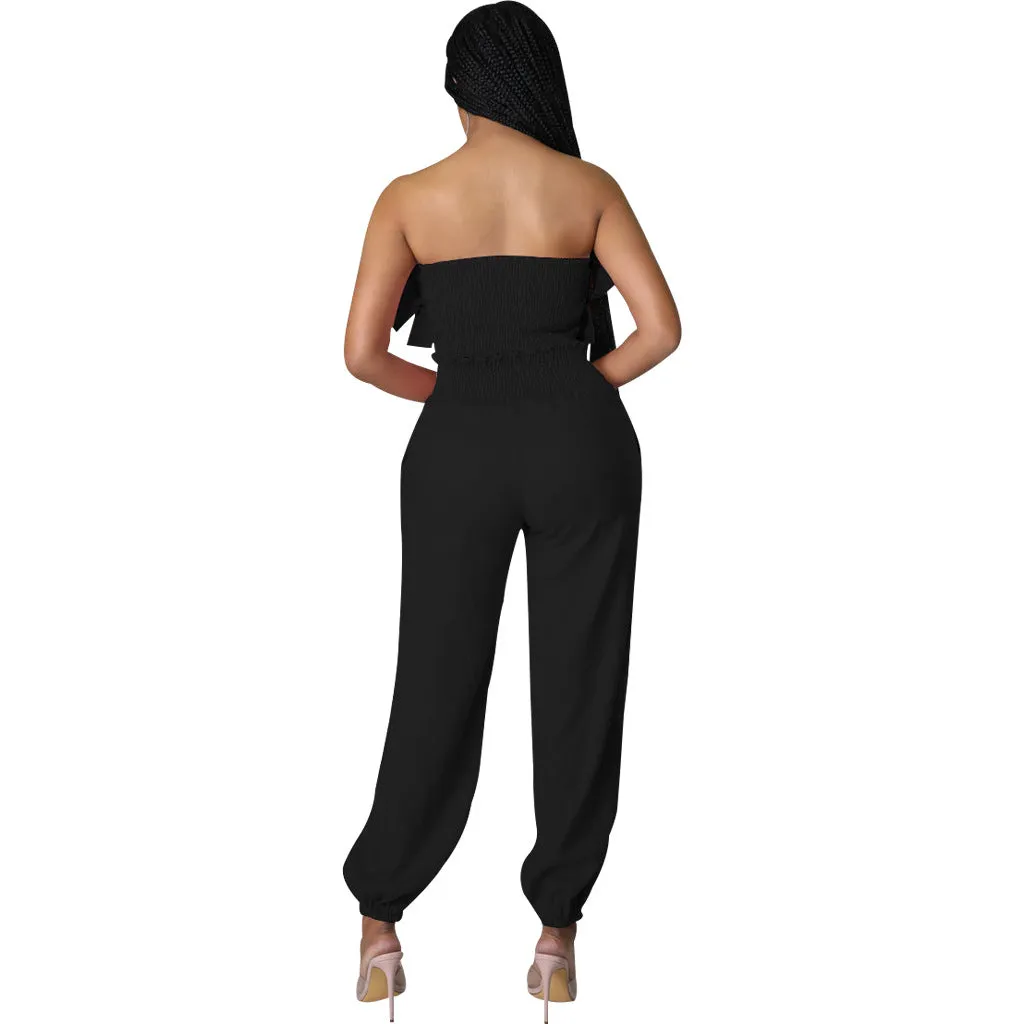 Chic Strapless Ruffle Crop Top and Elastic High-Waist Pants Set