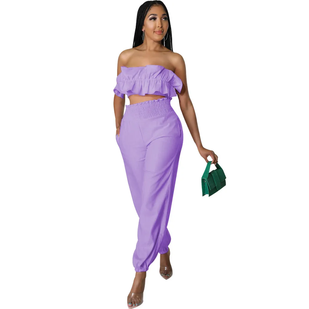 Chic Strapless Ruffle Crop Top and Elastic High-Waist Pants Set