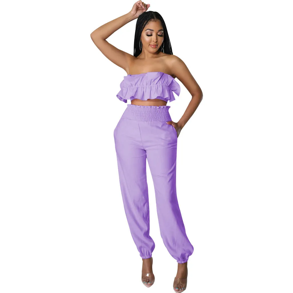 Chic Strapless Ruffle Crop Top and Elastic High-Waist Pants Set