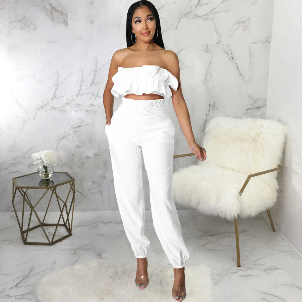 Chic Strapless Ruffle Crop Top and Elastic High-Waist Pants Set