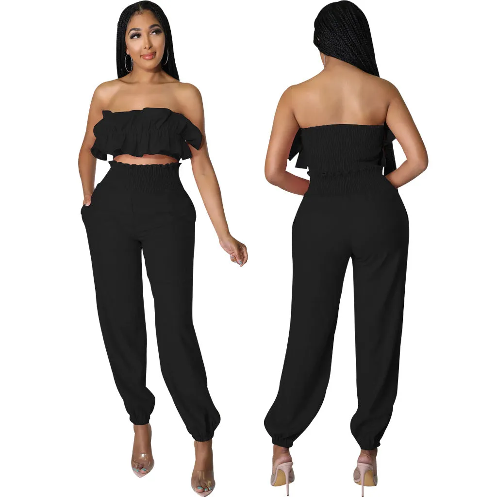 Chic Strapless Ruffle Crop Top and Elastic High-Waist Pants Set