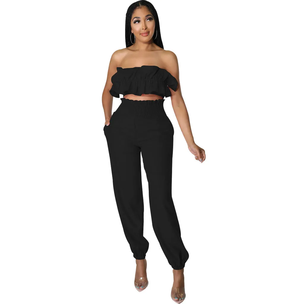 Chic Strapless Ruffle Crop Top and Elastic High-Waist Pants Set