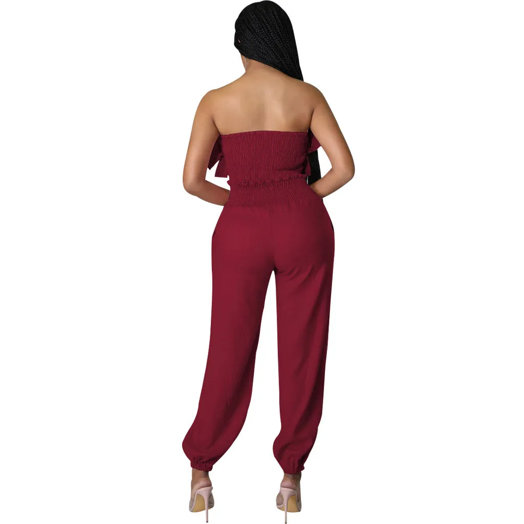 Chic Strapless Ruffle Crop Top and Elastic High-Waist Pants Set