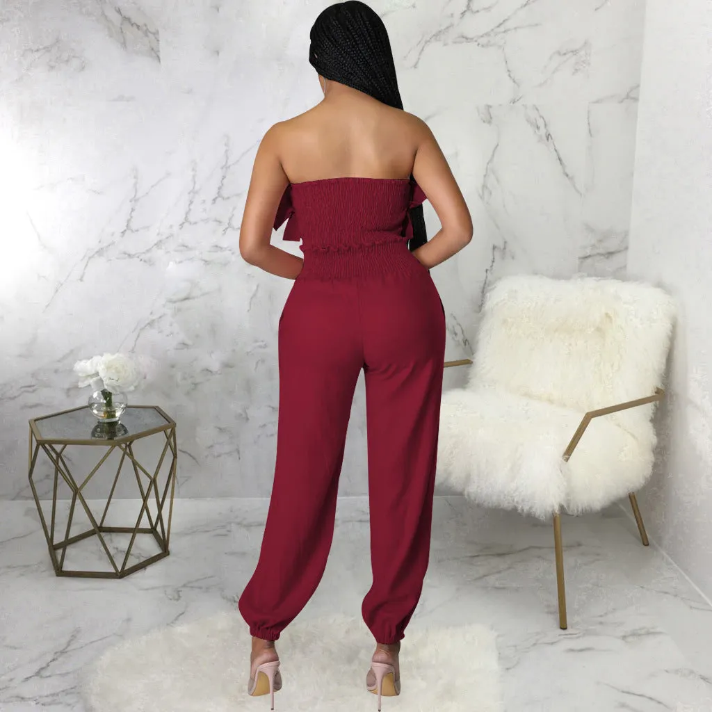 Chic Strapless Ruffle Crop Top and Elastic High-Waist Pants Set