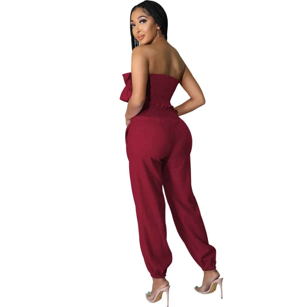 Chic Strapless Ruffle Crop Top and Elastic High-Waist Pants Set