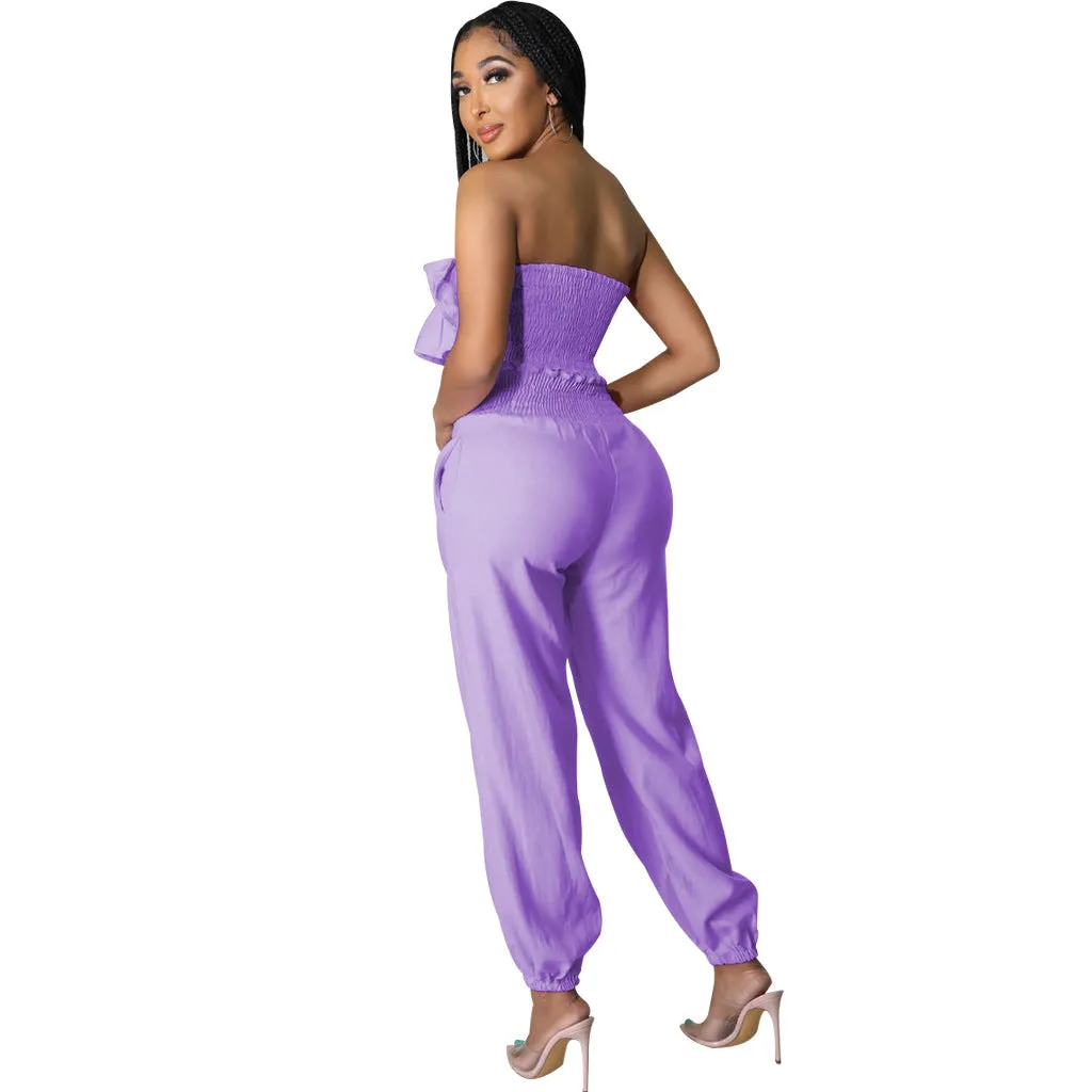 Chic Strapless Ruffle Crop Top and Elastic High-Waist Pants Set
