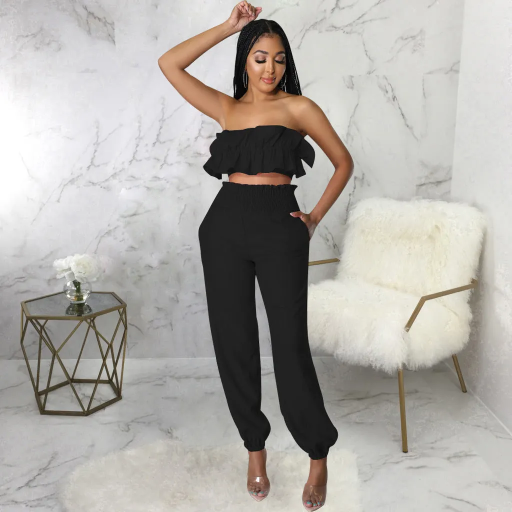 Chic Strapless Ruffle Crop Top and Elastic High-Waist Pants Set
