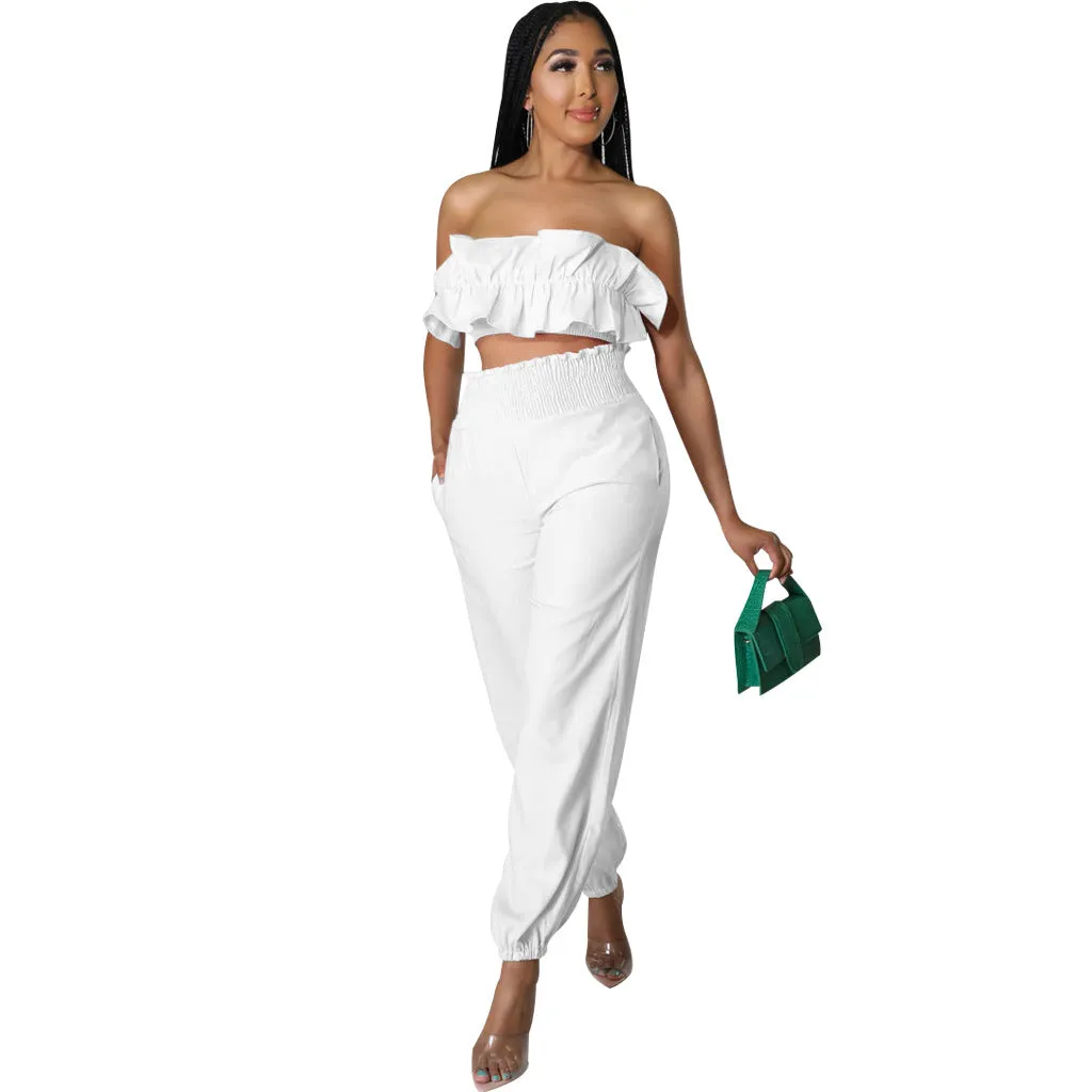 Chic Strapless Ruffle Crop Top and Elastic High-Waist Pants Set