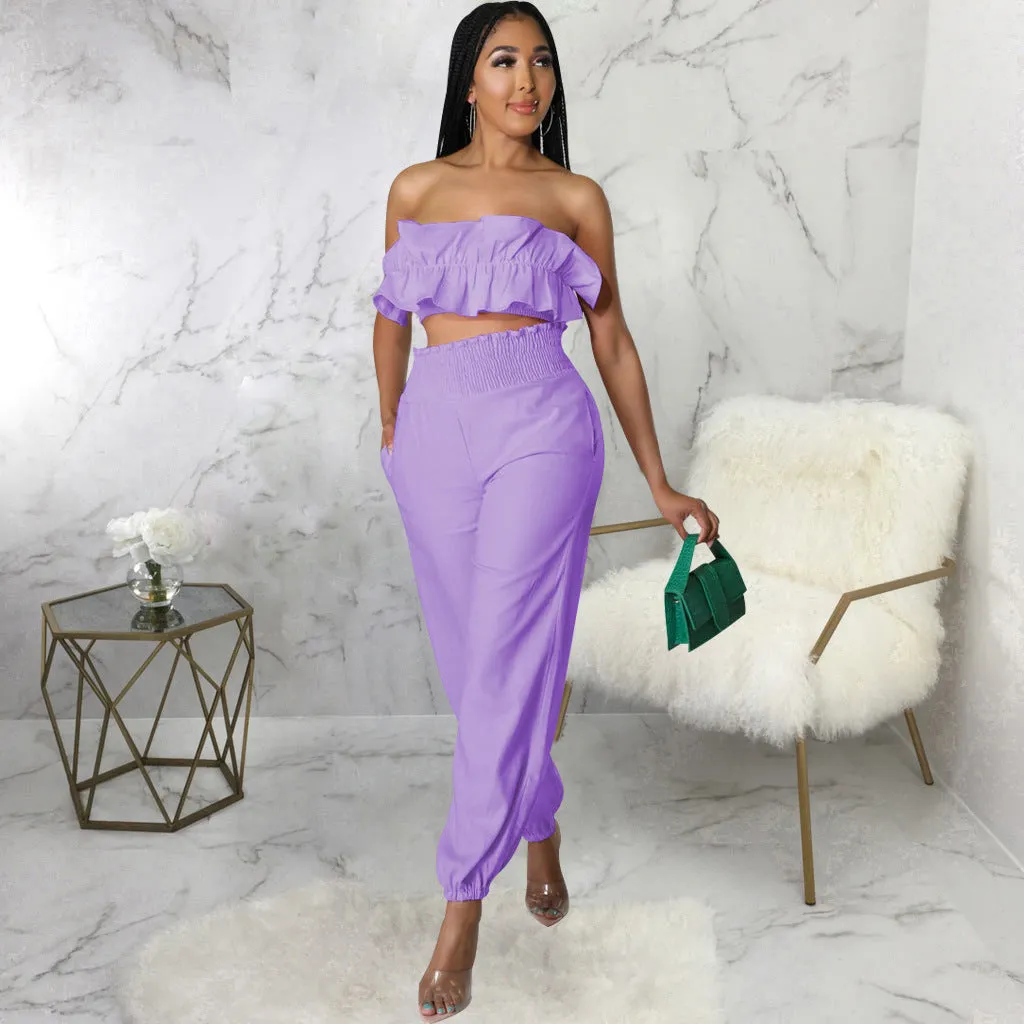 Chic Strapless Ruffle Crop Top and Elastic High-Waist Pants Set