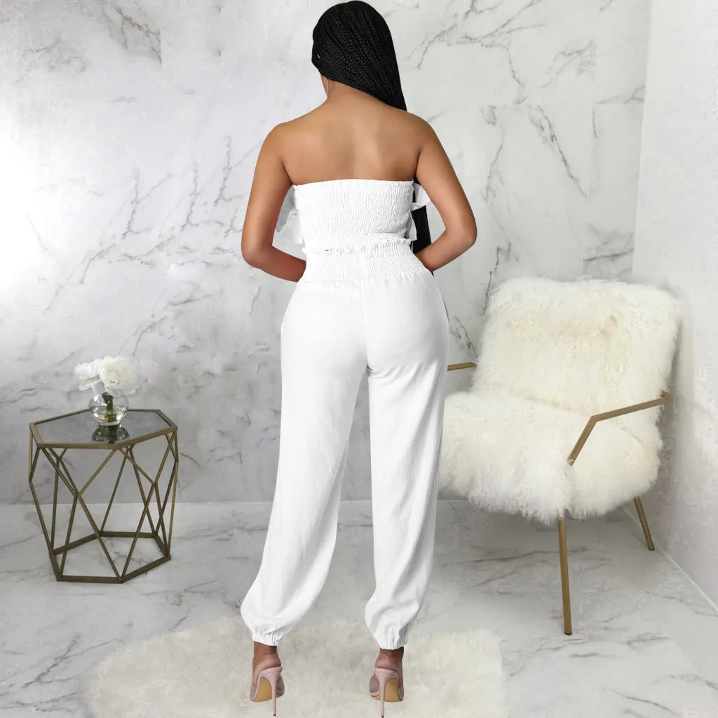 Chic Strapless Ruffle Crop Top and Elastic High-Waist Pants Set
