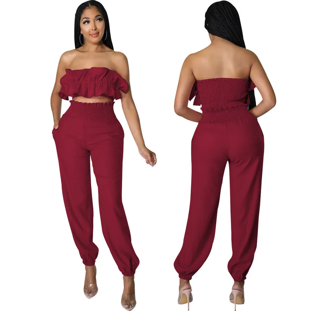 Chic Strapless Ruffle Crop Top and Elastic High-Waist Pants Set