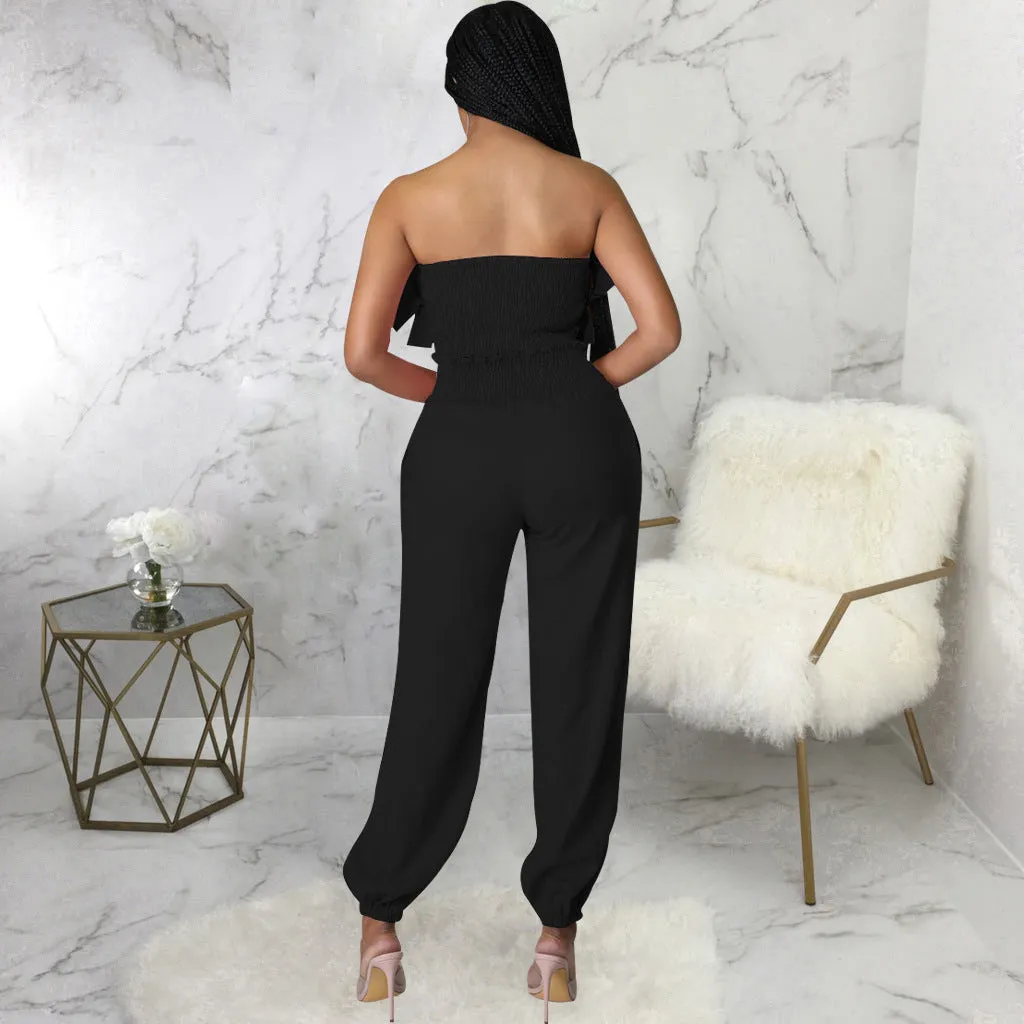 Chic Strapless Ruffle Crop Top and Elastic High-Waist Pants Set