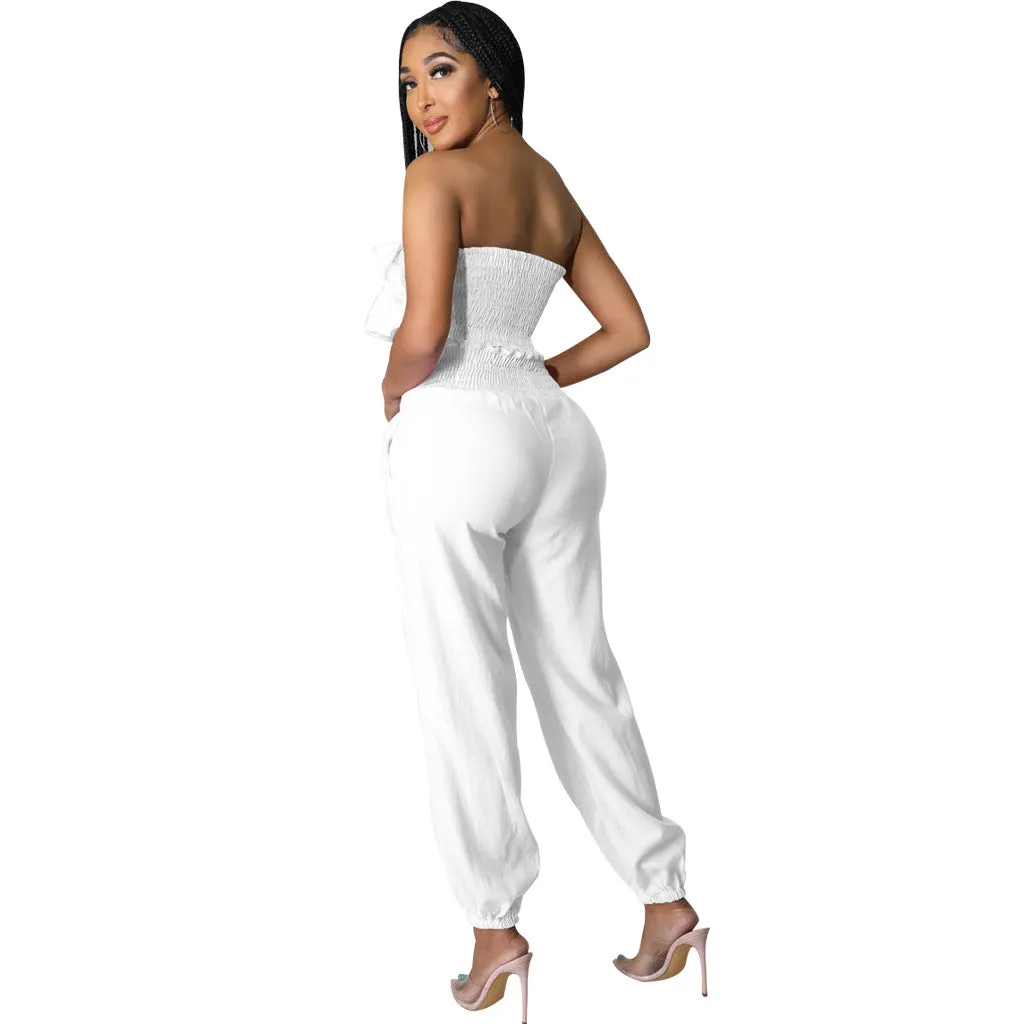 Chic Strapless Ruffle Crop Top and Elastic High-Waist Pants Set