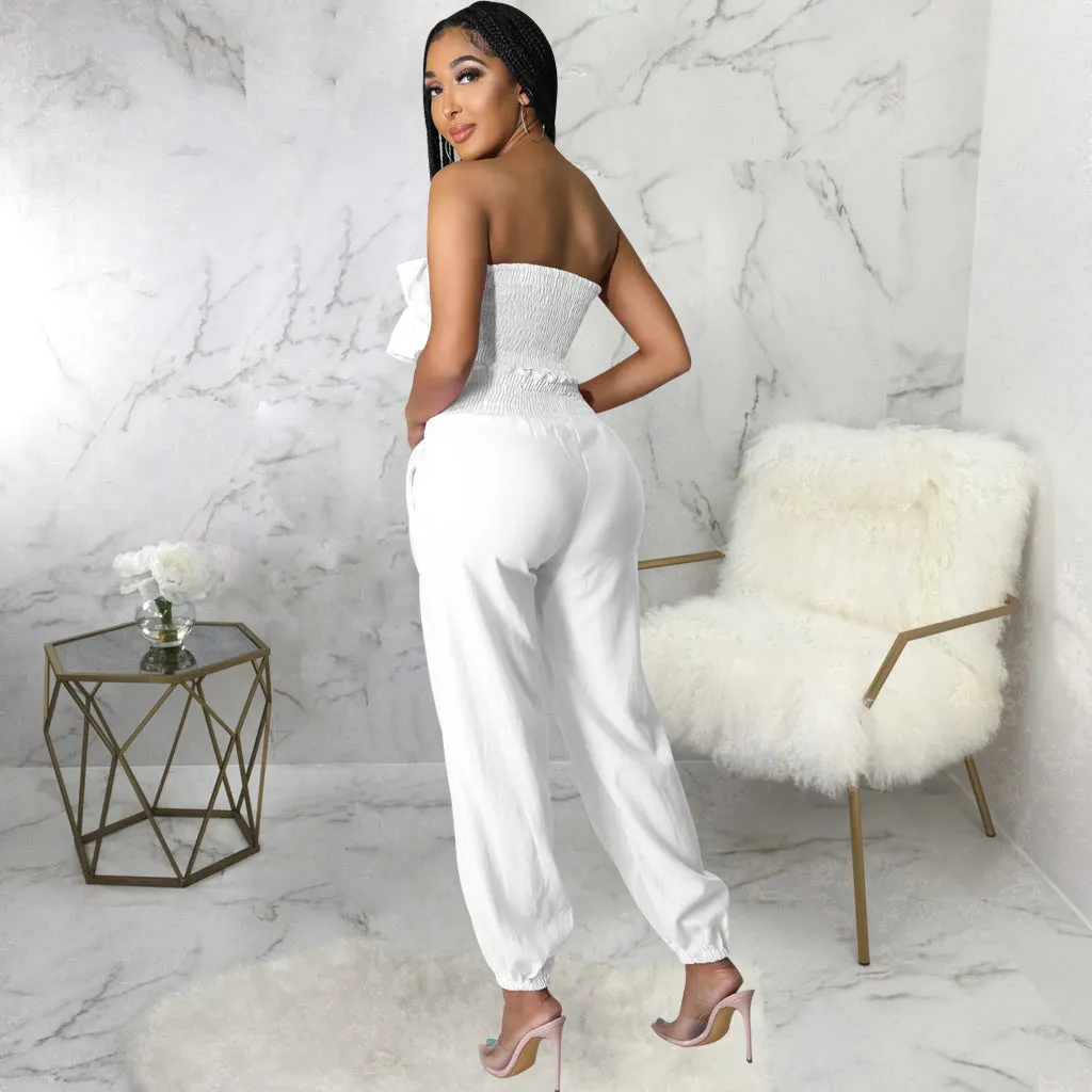 Chic Strapless Ruffle Crop Top and Elastic High-Waist Pants Set