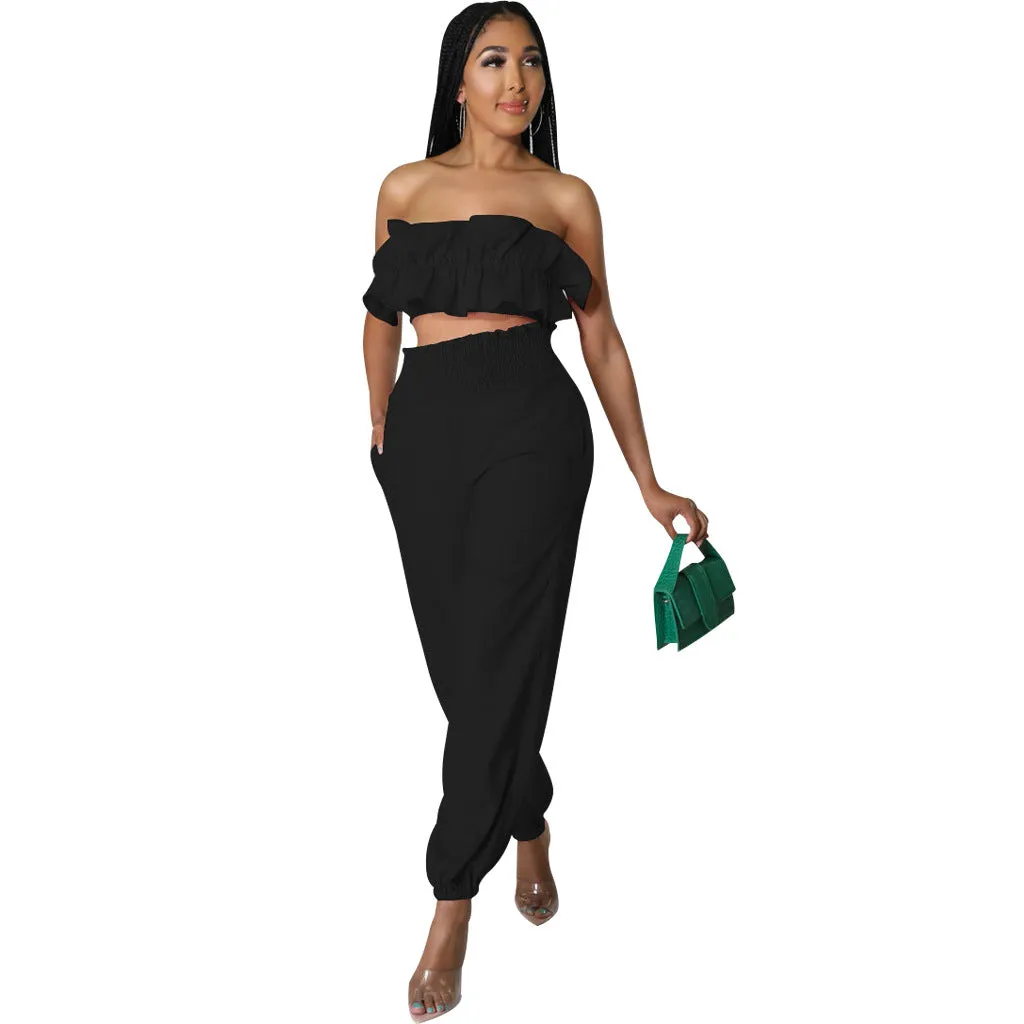Chic Strapless Ruffle Crop Top and Elastic High-Waist Pants Set