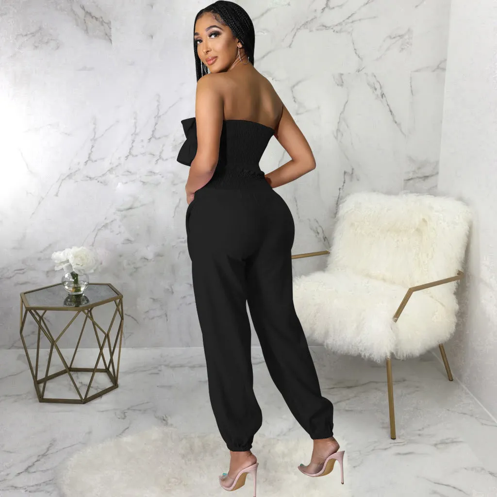 Chic Strapless Ruffle Crop Top and Elastic High-Waist Pants Set