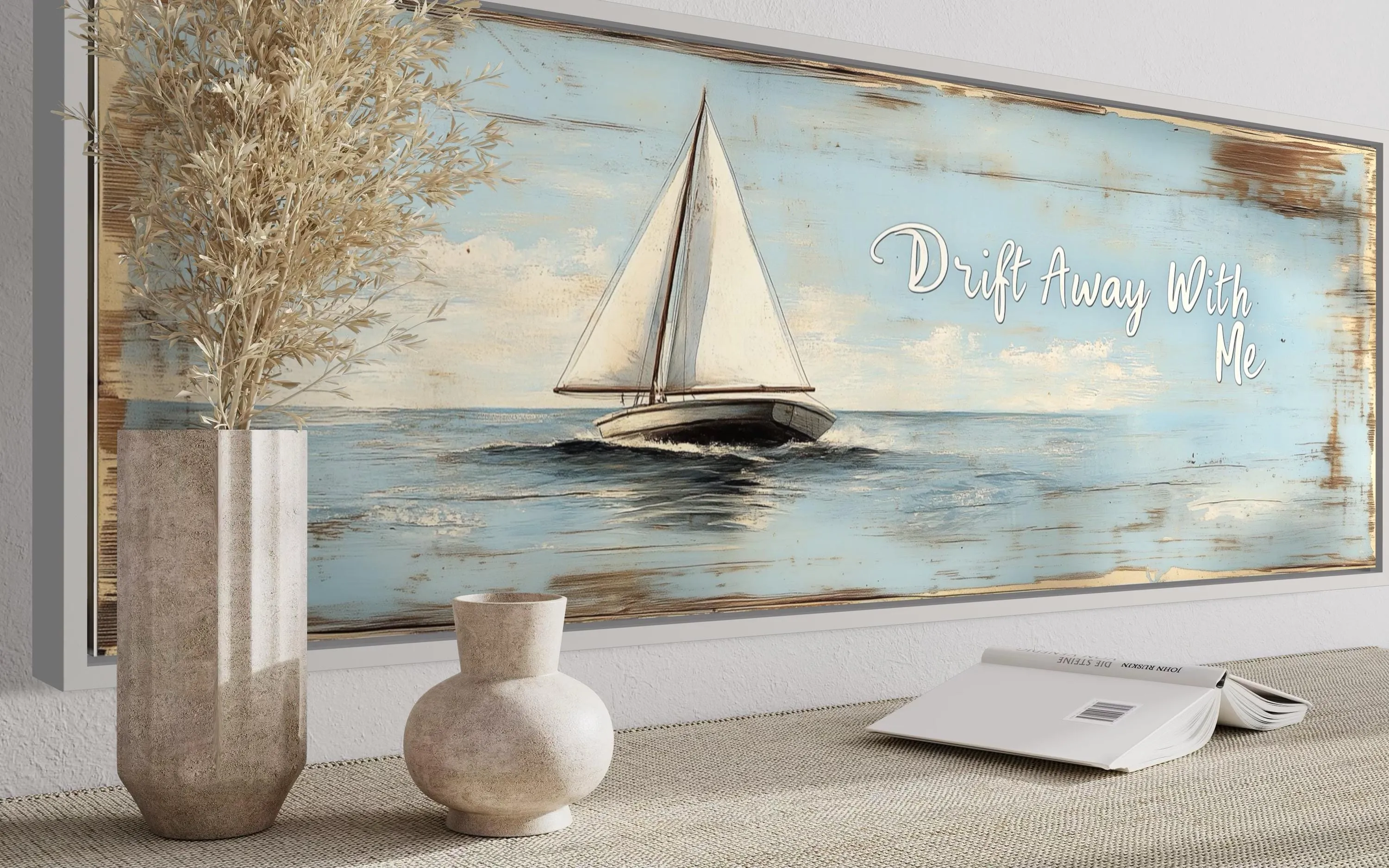 Coastal Bedroom Sign With Sailboat on Light Blue Canvas Wall Art