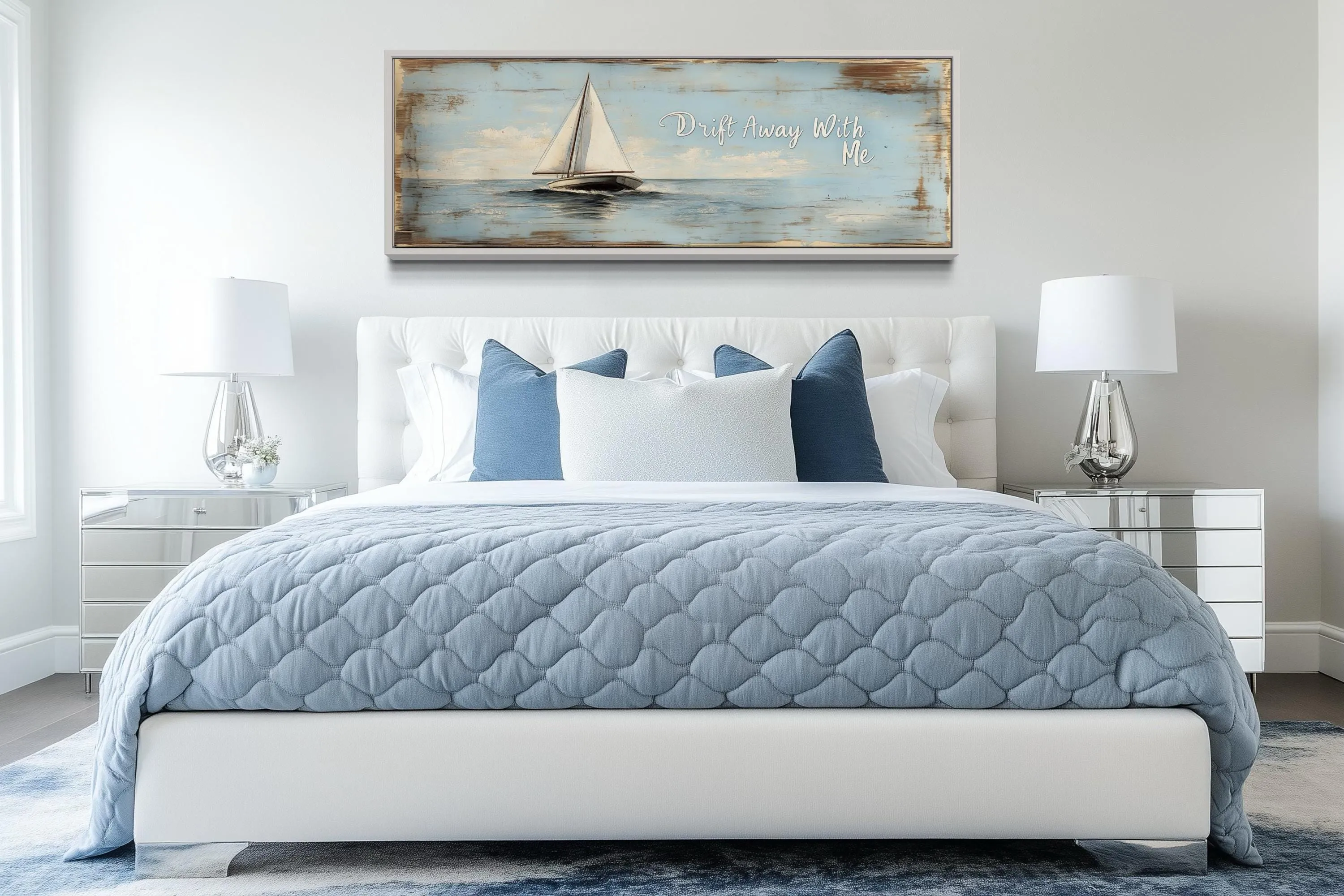 Coastal Bedroom Sign With Sailboat on Light Blue Canvas Wall Art