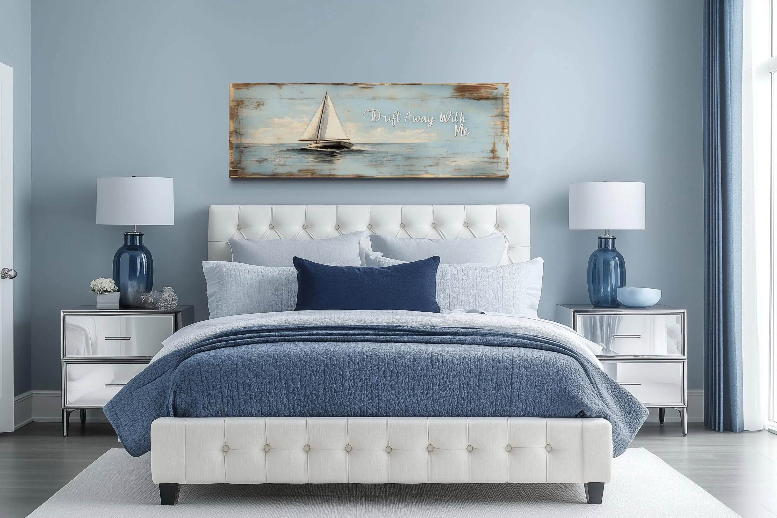 Coastal Bedroom Sign With Sailboat on Light Blue Canvas Wall Art