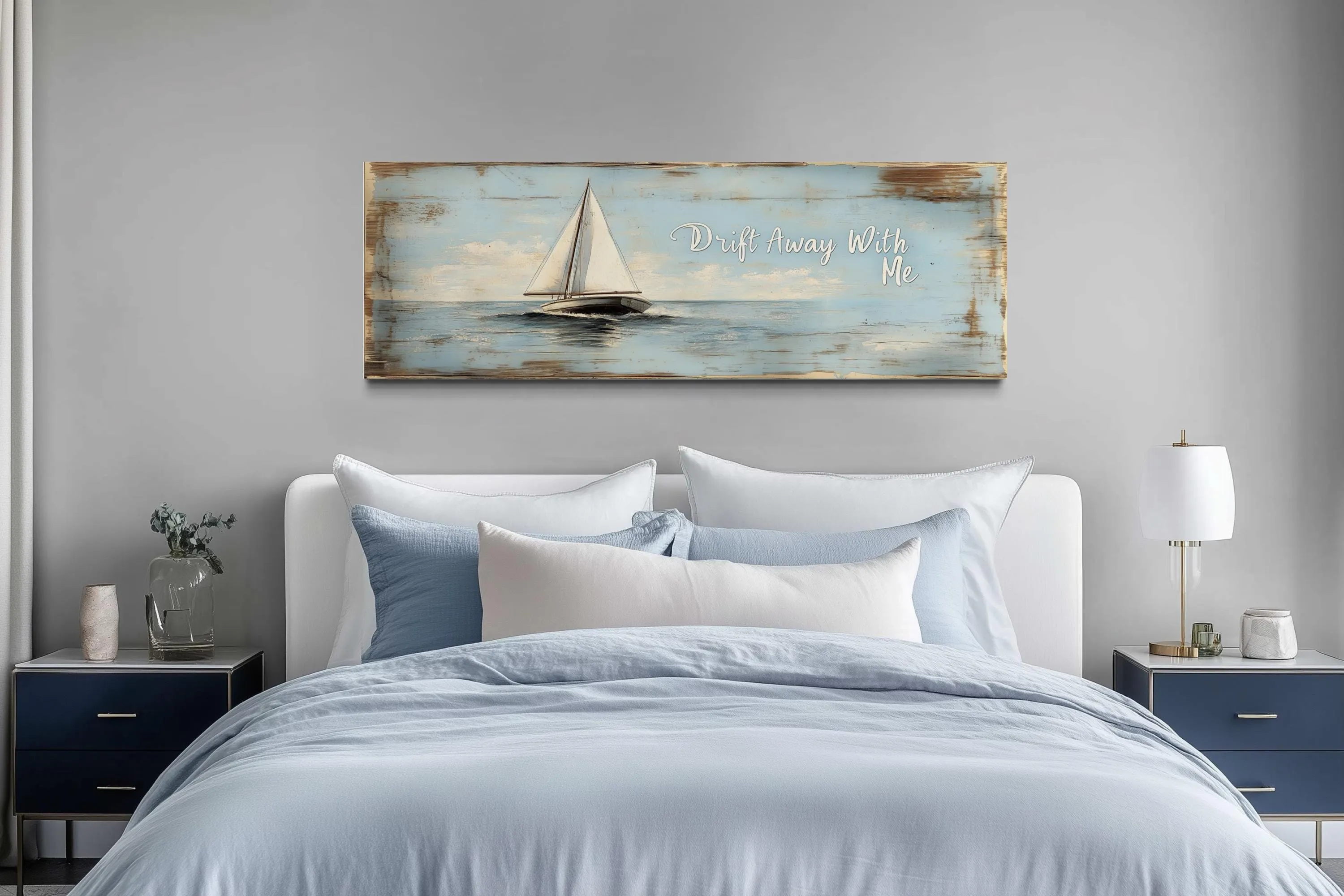 Coastal Bedroom Sign With Sailboat on Light Blue Canvas Wall Art